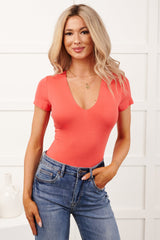 Just Like That V Neck Short Sleeve Bodysuit (Deep Coral)