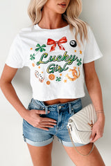 Lucky Girl Graphic Cropped T-Shirt (White)