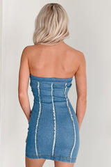 Fear Is A Stranger Button Front Strapless Mini Dress (Denim)