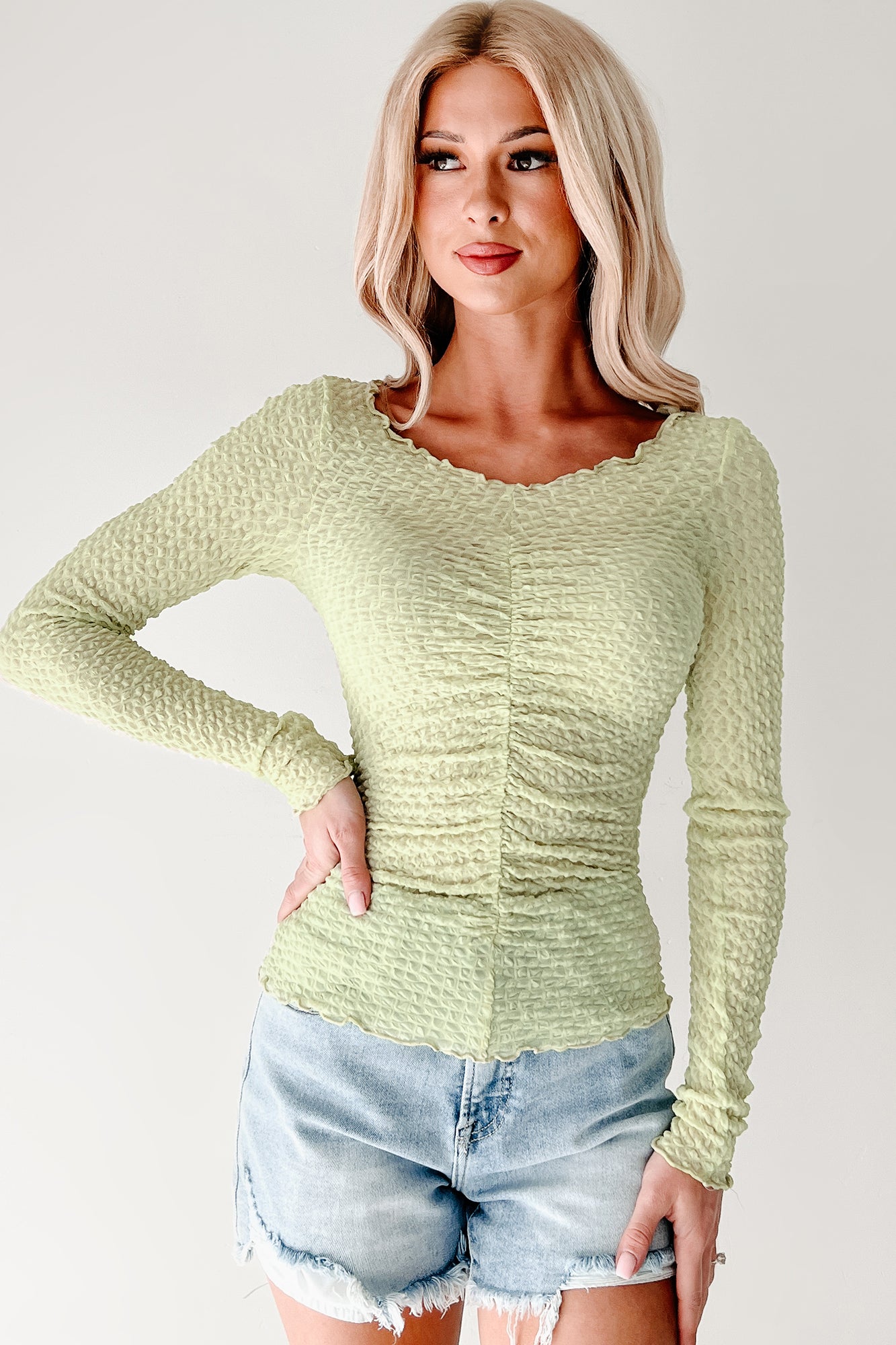 Heart Skipping Textured Long Sleeve Top (Green Tea)