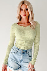 Heart Skipping Textured Long Sleeve Top (Green Tea)
