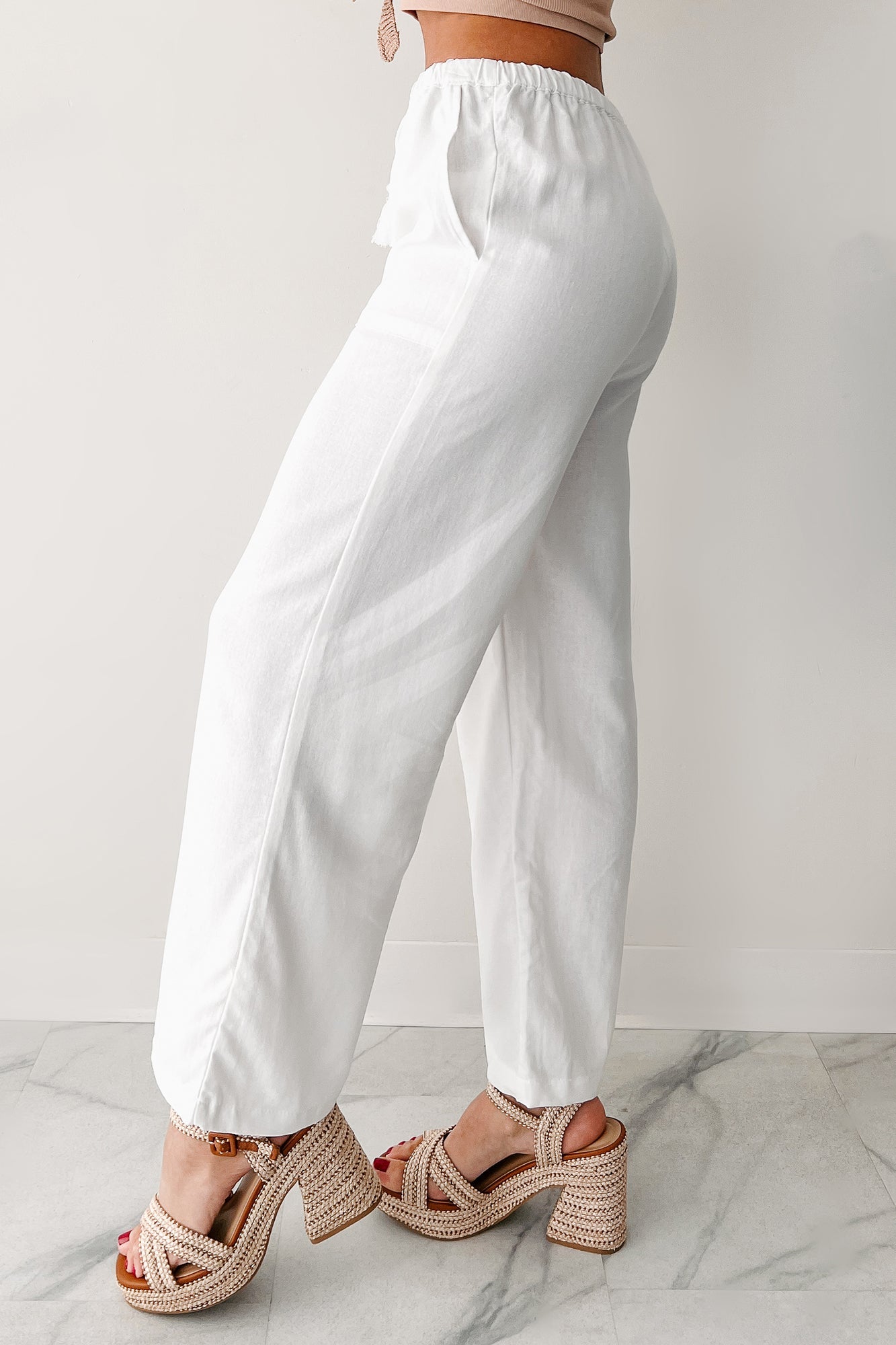 Morning Glow Linen Drawstring Pants (White)