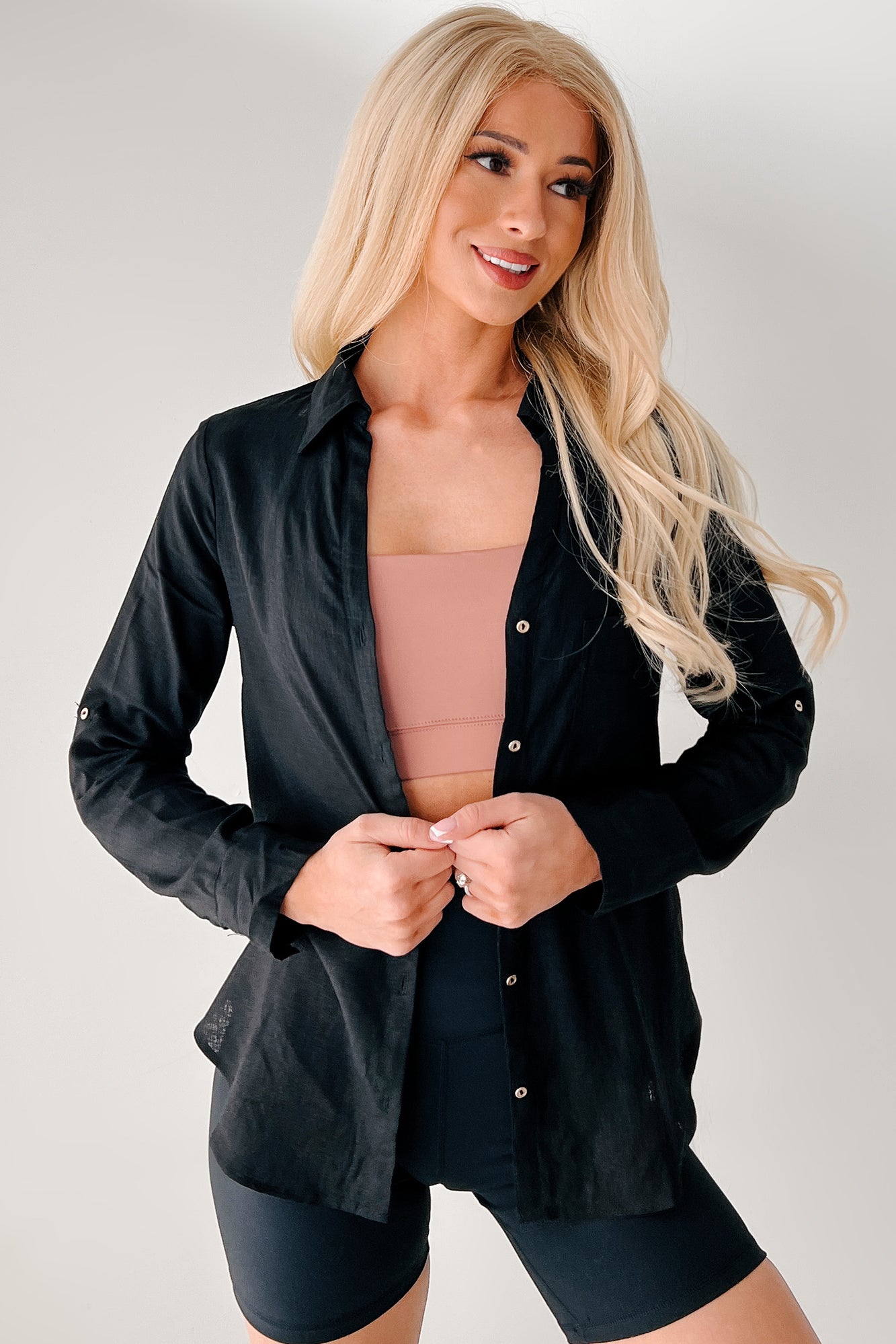 Timeless Appeal Linen Button-Up Top (Black)