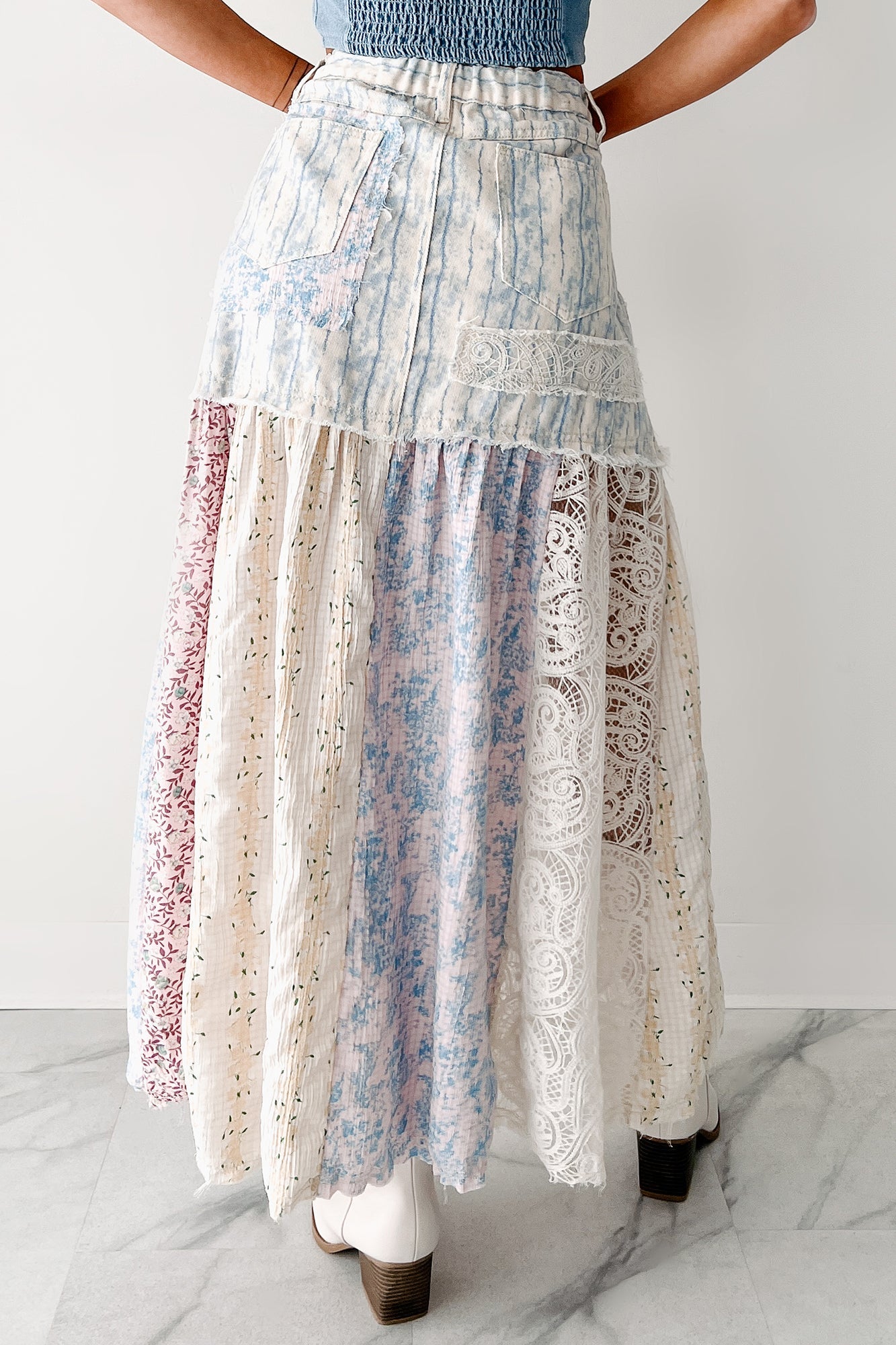 Moonlit Path Patchwork Maxi POL Skirt (Blue/Multi)