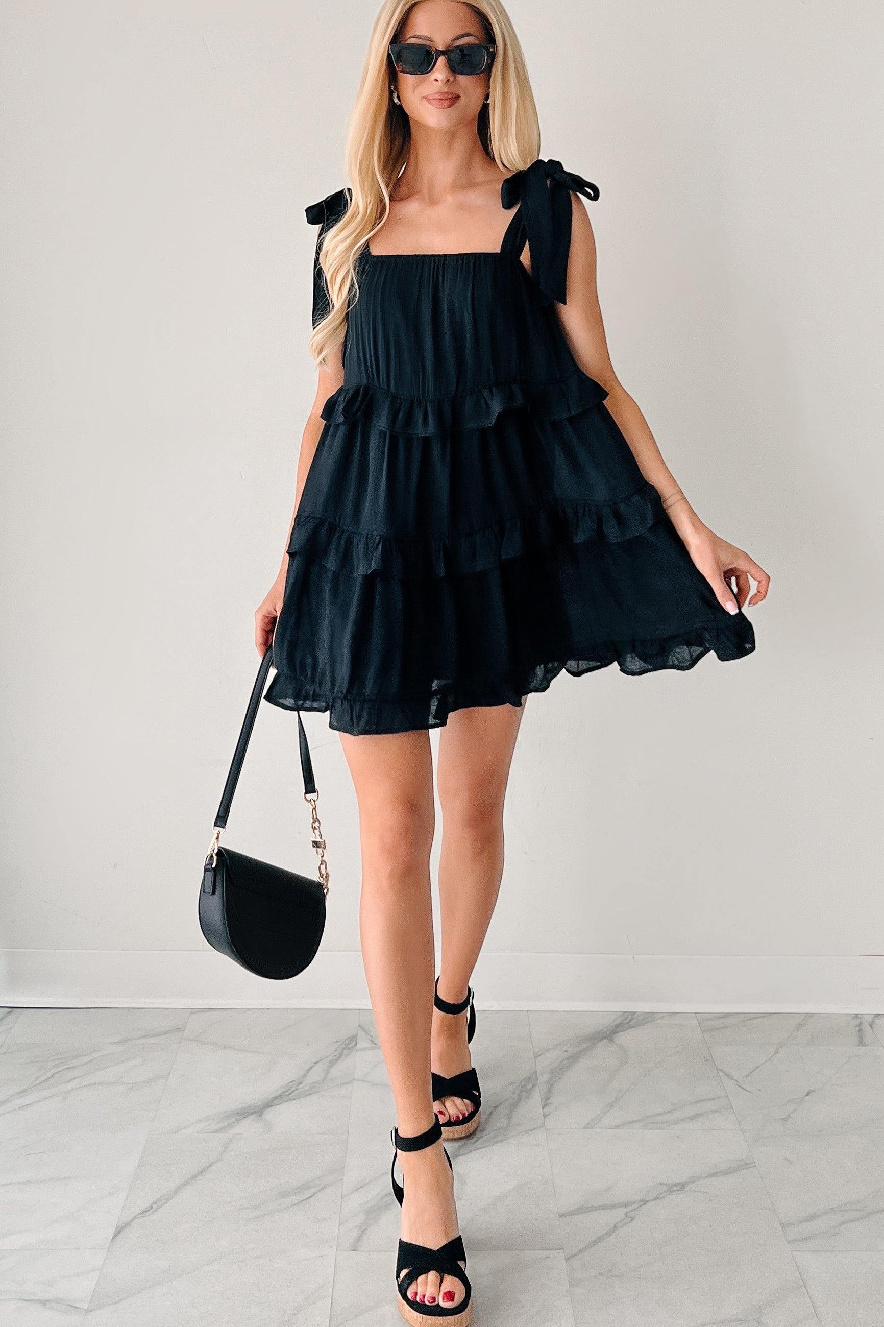 Kiss Me Quick Ruffle Tiered Babydoll Dress (Black)