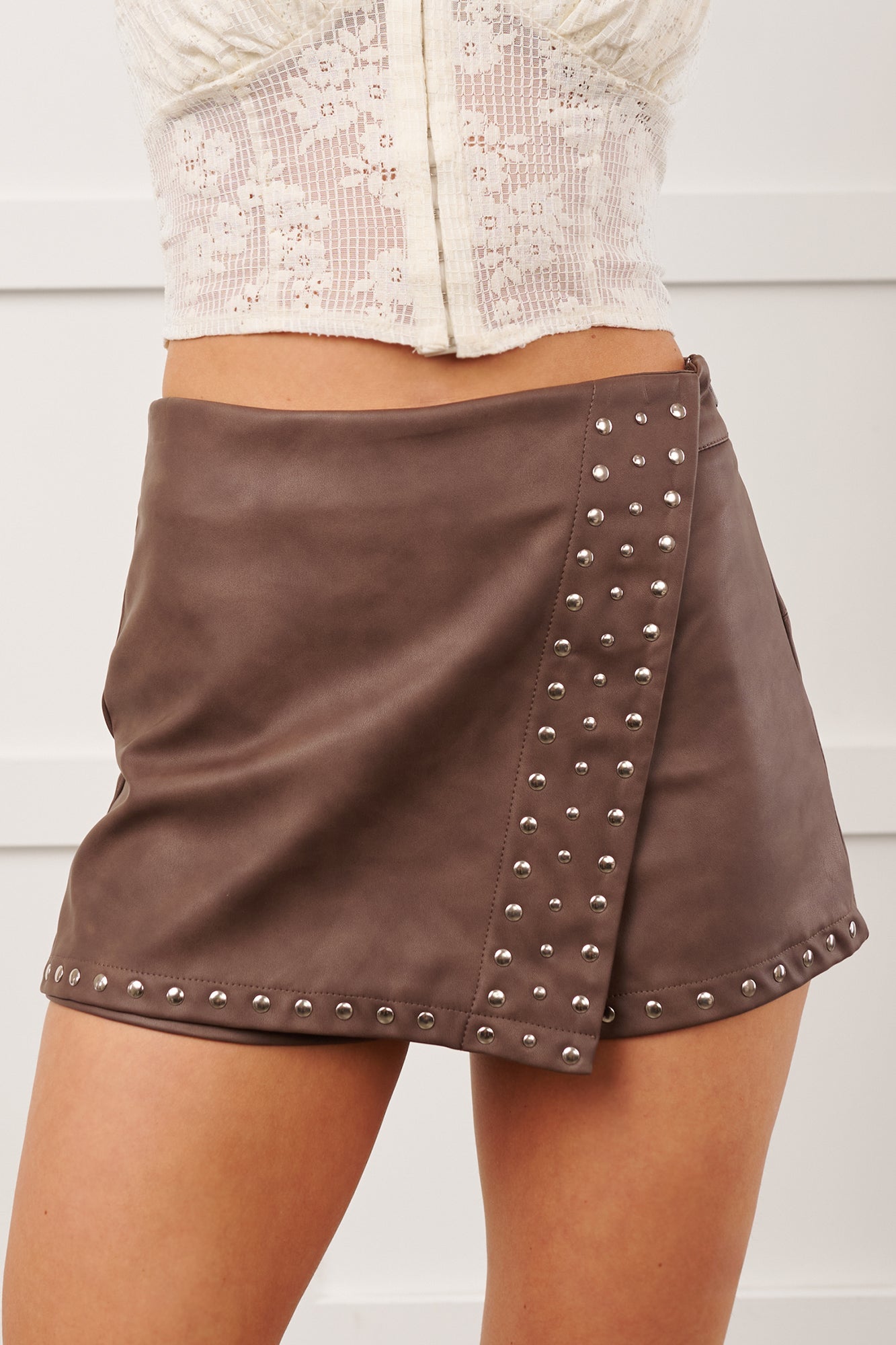 All For Me Faux Leather Studded Mini Skort (Brown)