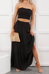 Stay Simple Smocked Bandeau & Maxi Skirt Set (Black)