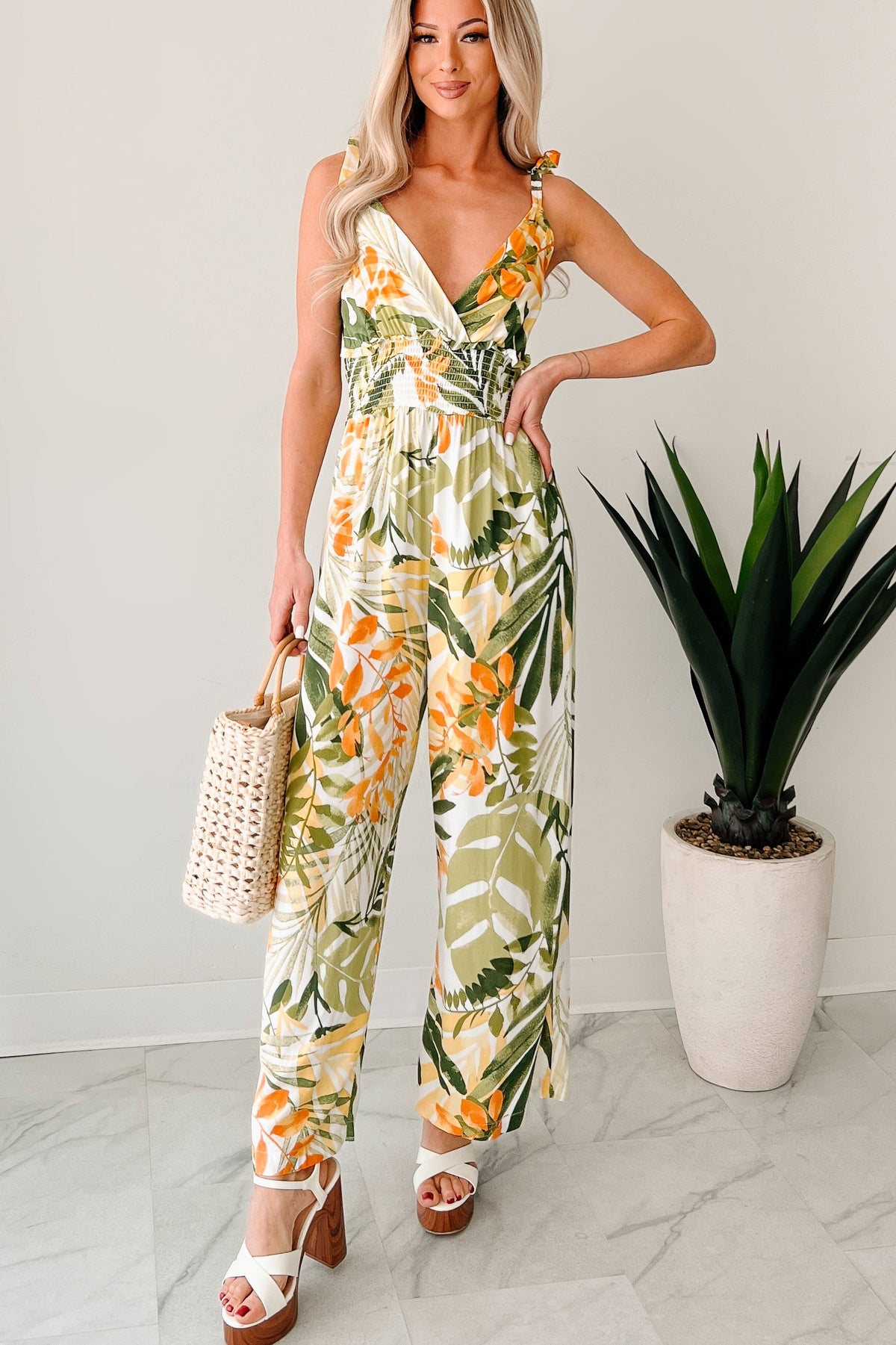 Flirt With Life Smocked Tropical Jumpsuit (Ivory/Green)