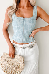 Blooming Lovely Zip Front Floral Denim Corset Top (Light Denim)