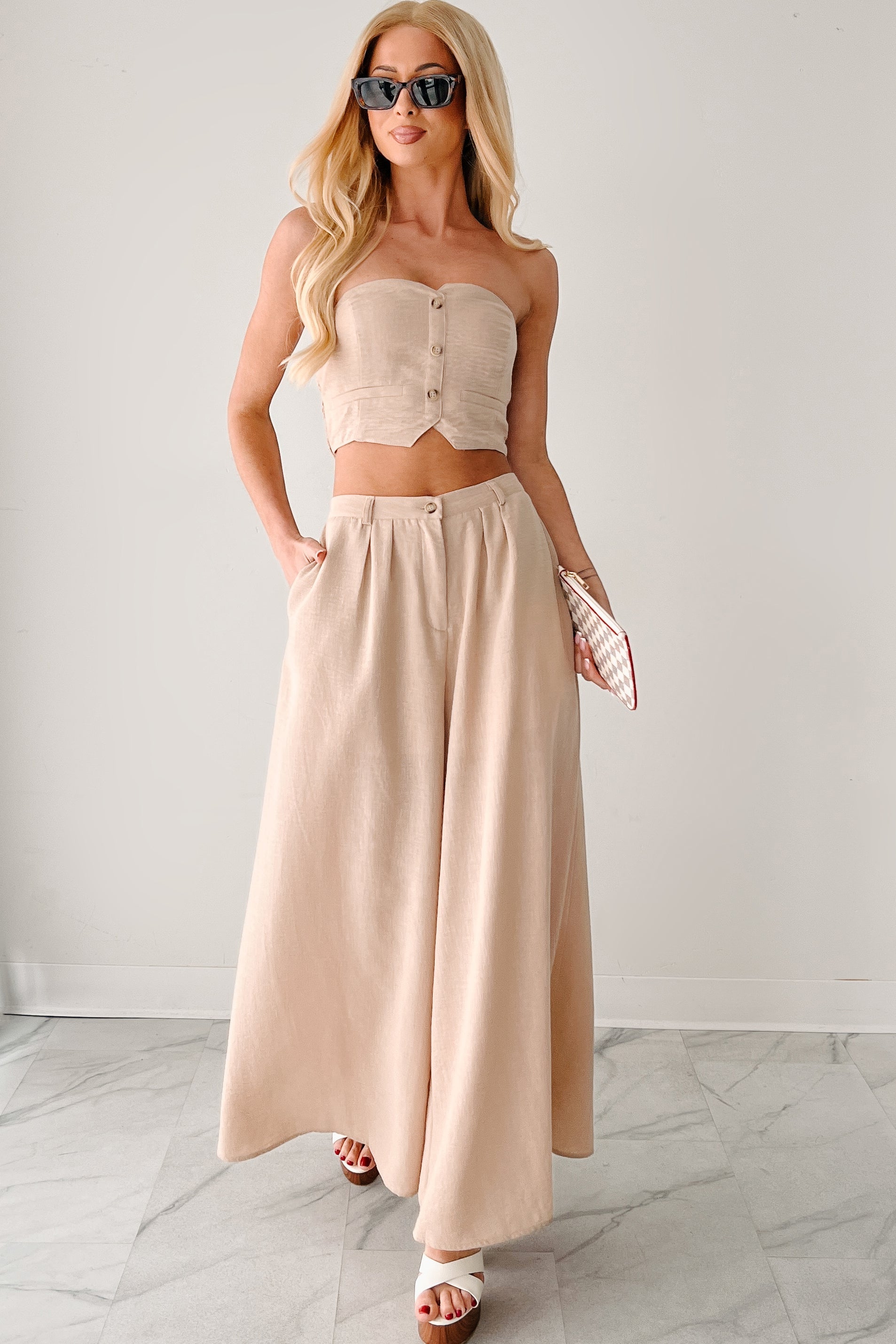 Heartthrob Moments Strapless Crop Top & Pant Set (Beige)