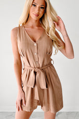 Vogue Vision Button-Up Sleeveless Romper (Taupe)