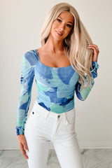 Faint Freshness Abstract Mesh Long Sleeve Bodysuit (Blue)