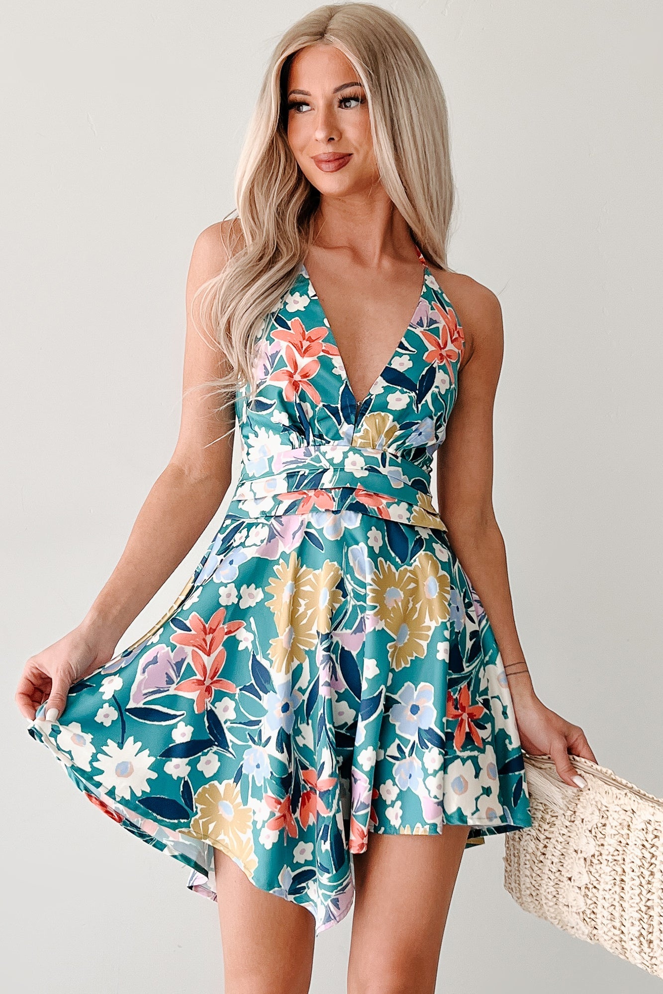Smile Brighter Floral Halter Mini Dress (Pine Green)