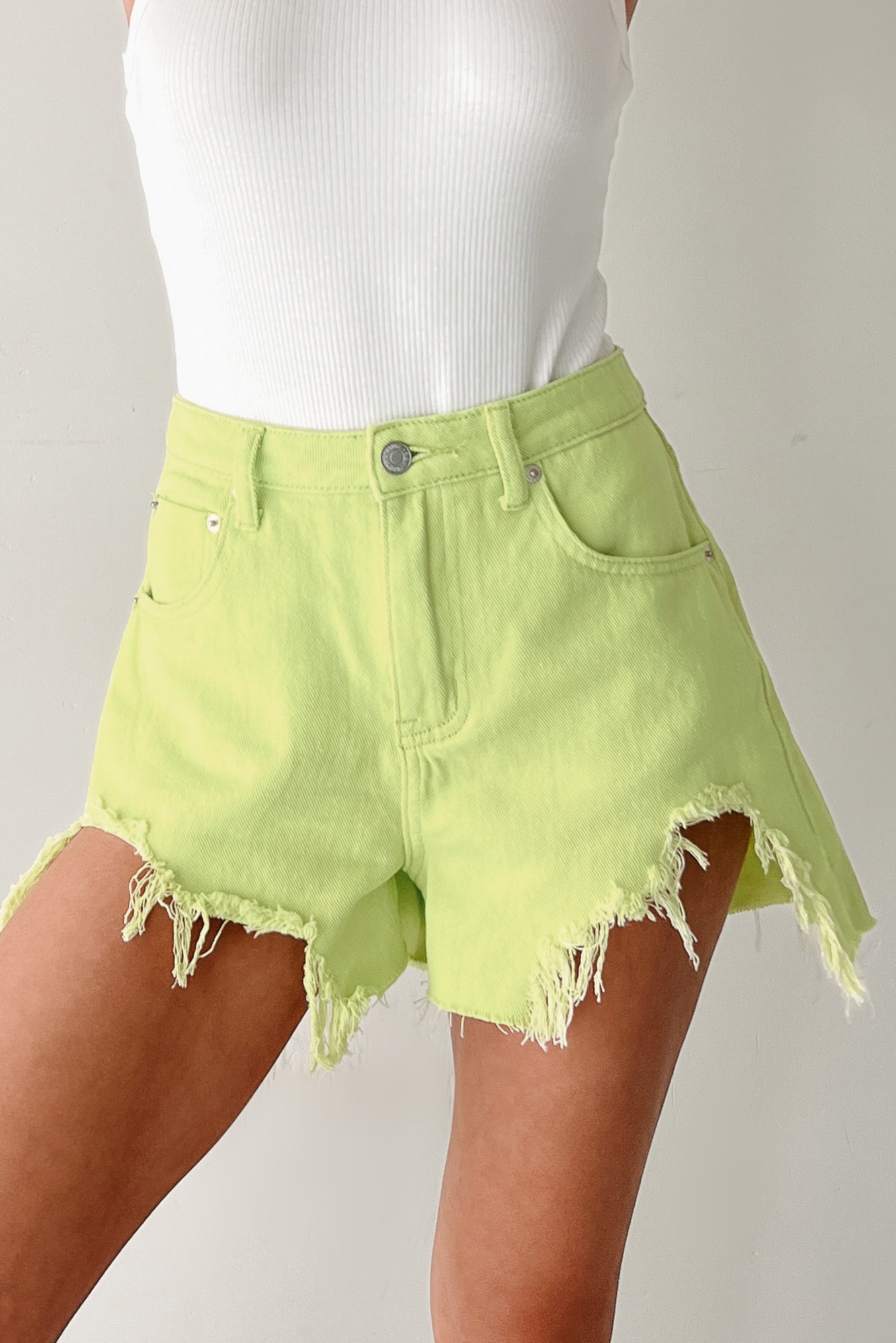 Jeanette High Rise Distressed Denim Shorts (Lime)