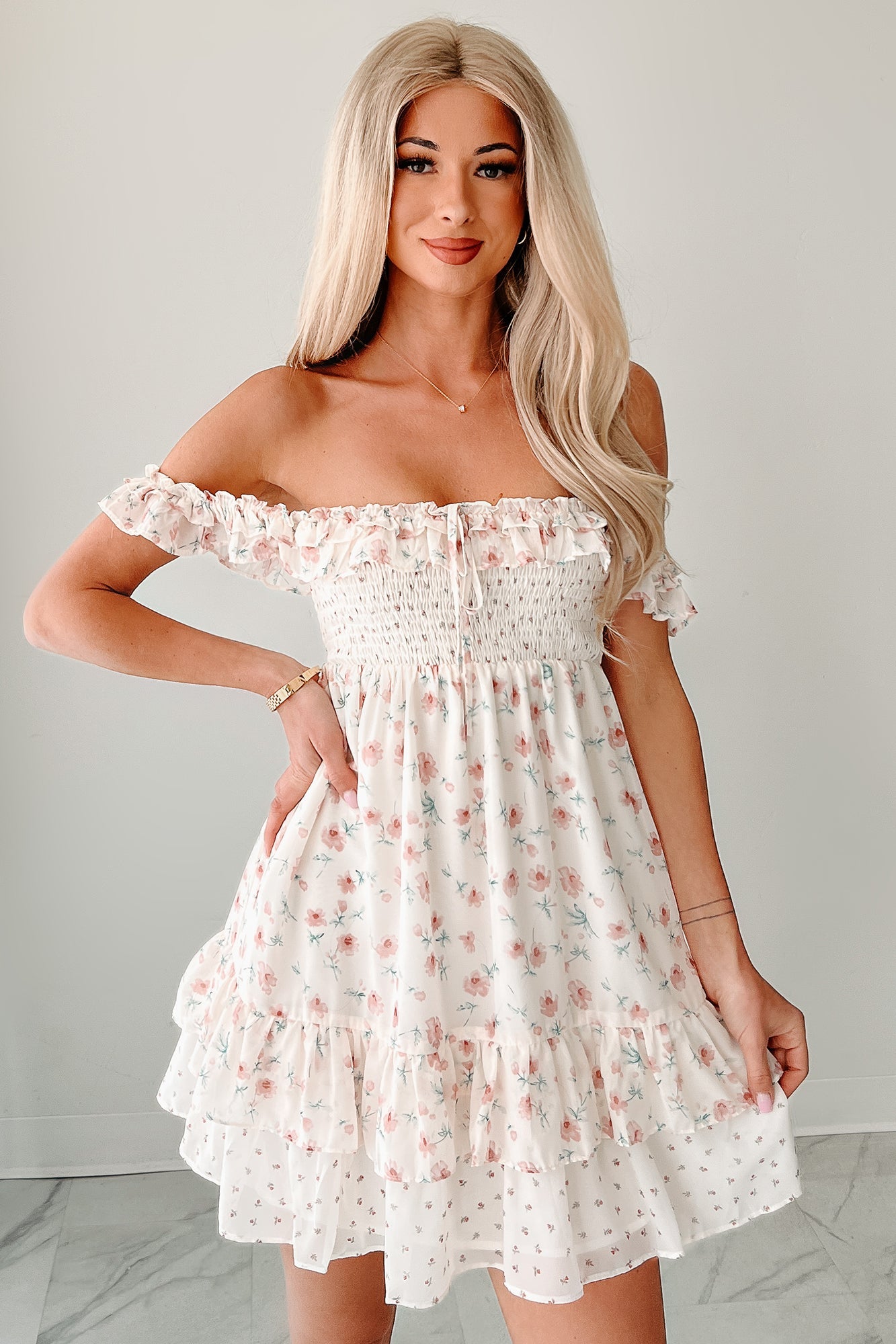 Becoming Her Off The Shoulder Floral Mini Dress (Cream)