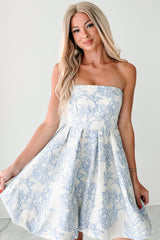 Hot & Bubbly Strapless Floral Mini Dress (Cream/Blue)