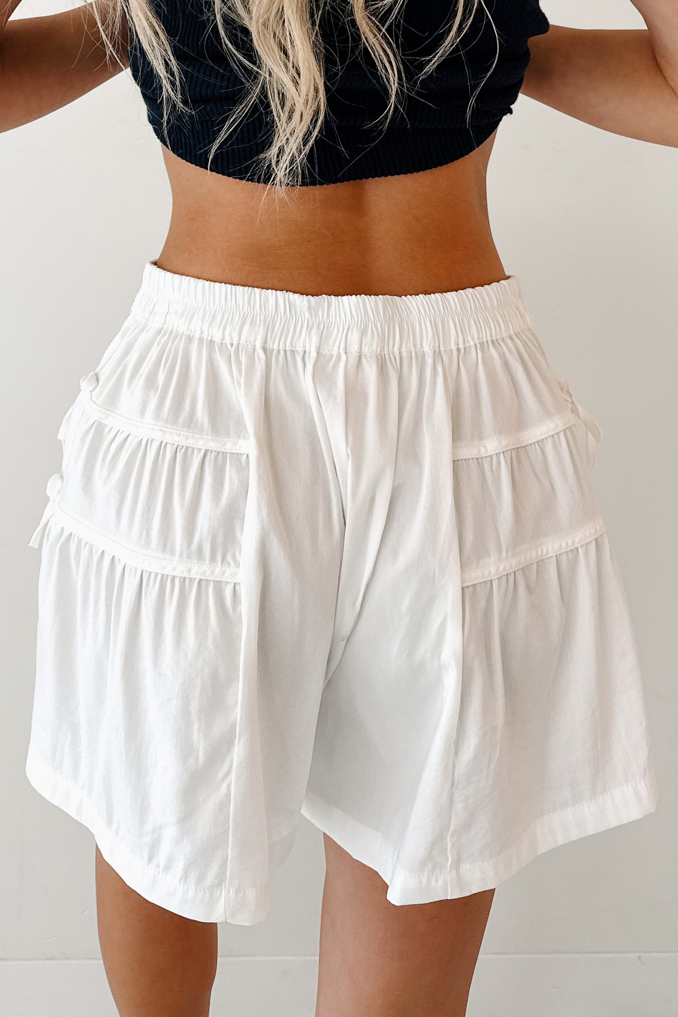 Glow Up Season Bow Detail Smocked Waist Shorts (Off White)