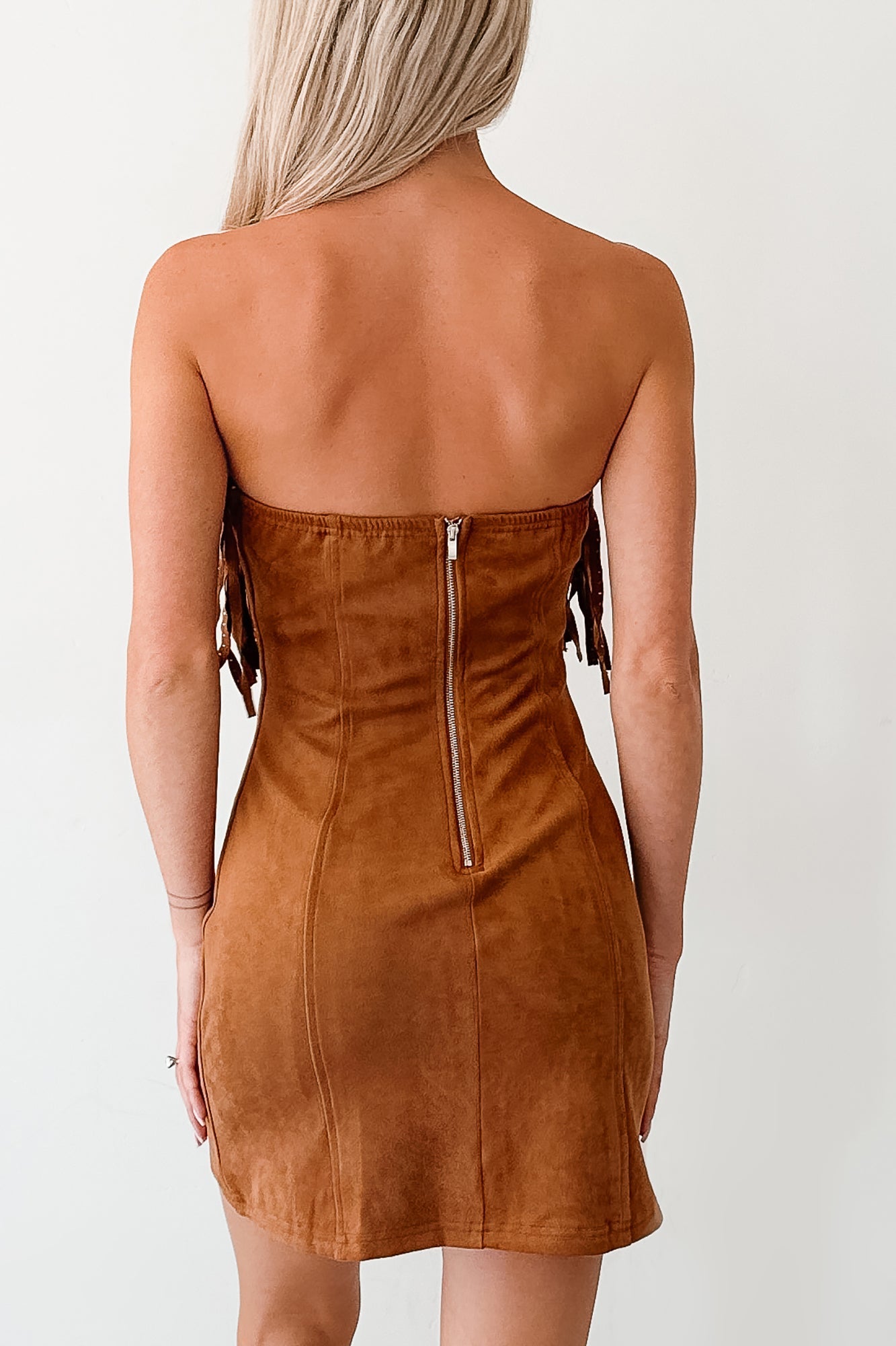 Country Dreams Suede Fringe Mini Dress (Brown)