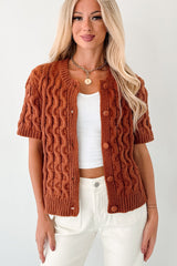 Just Being Modest Short Sleeve Button-Up Sweater (Brick)