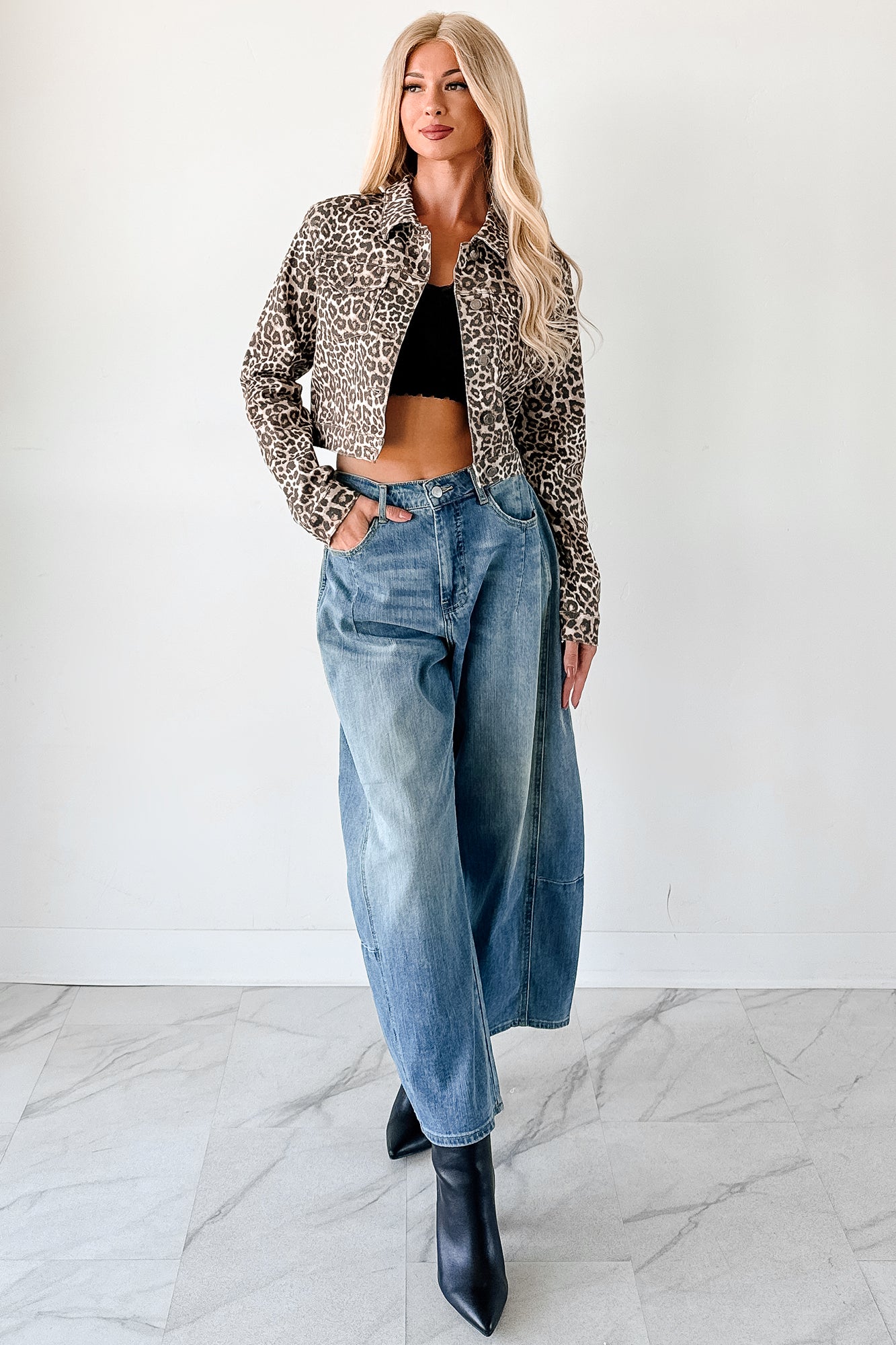 Fierce By Nature Cropped Denim Jacket (Leopard)