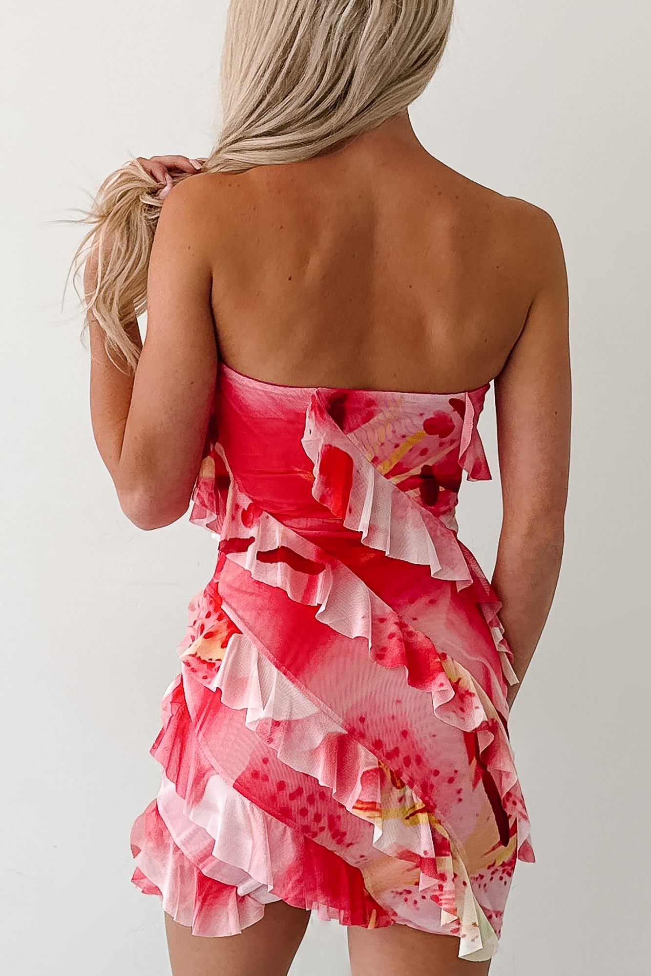 Laugh It Up Strapless Ruffle Mini Dress (Fuchsia)
