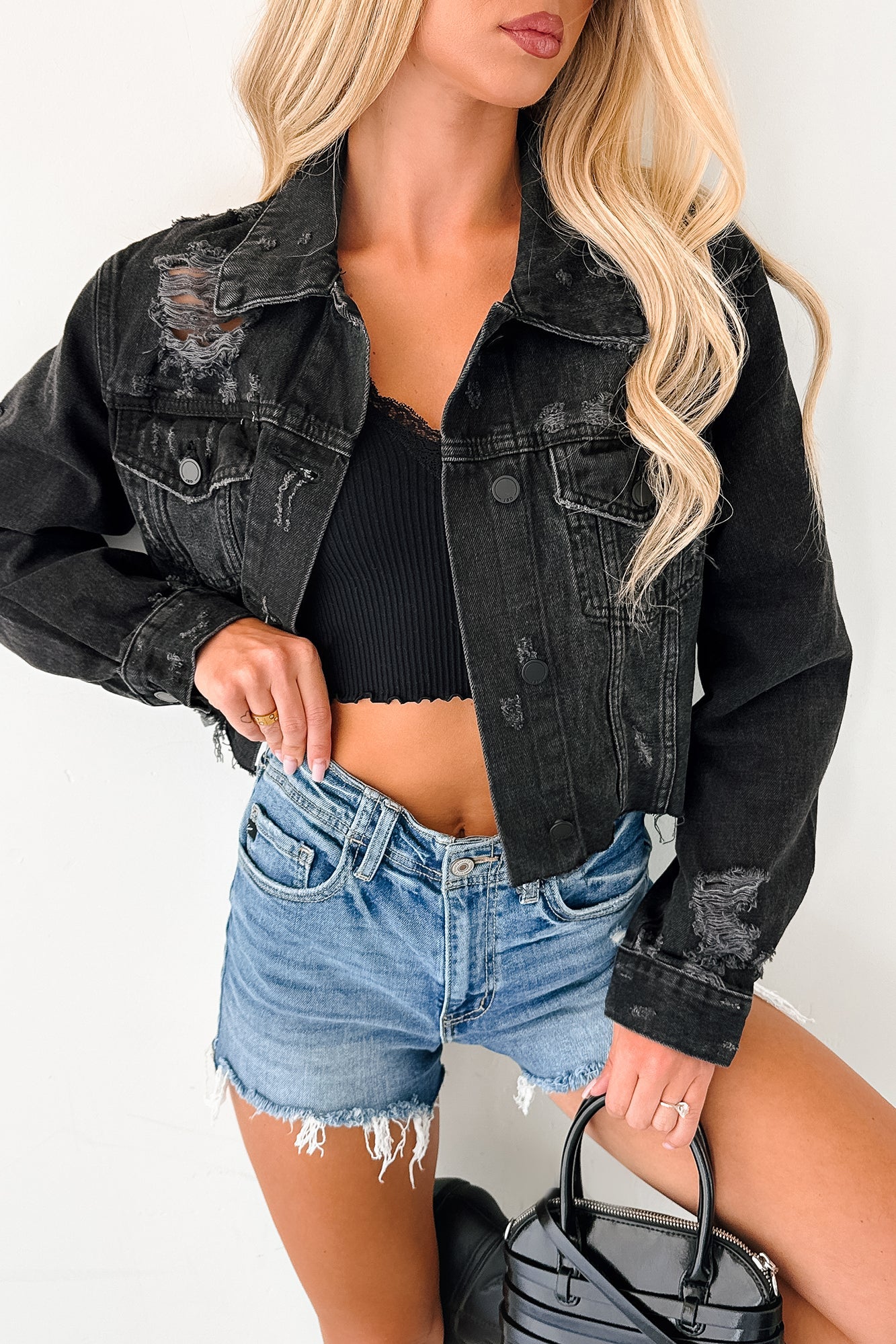 Fade Into You Distressed Denim Jacket (Washed Black)
