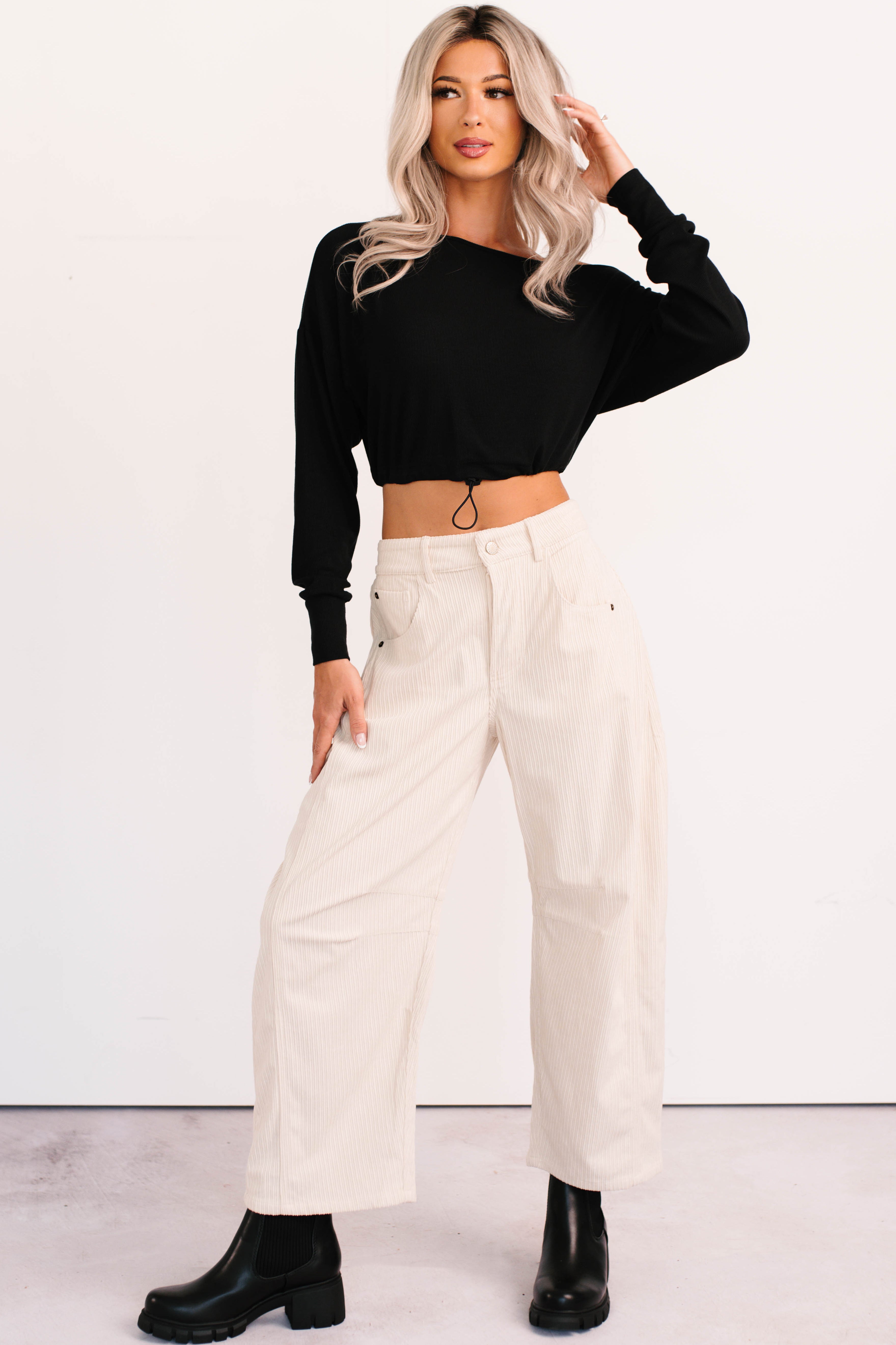 Glow Up Goals Ribbed Off The Shoulder Crop Top (Black)