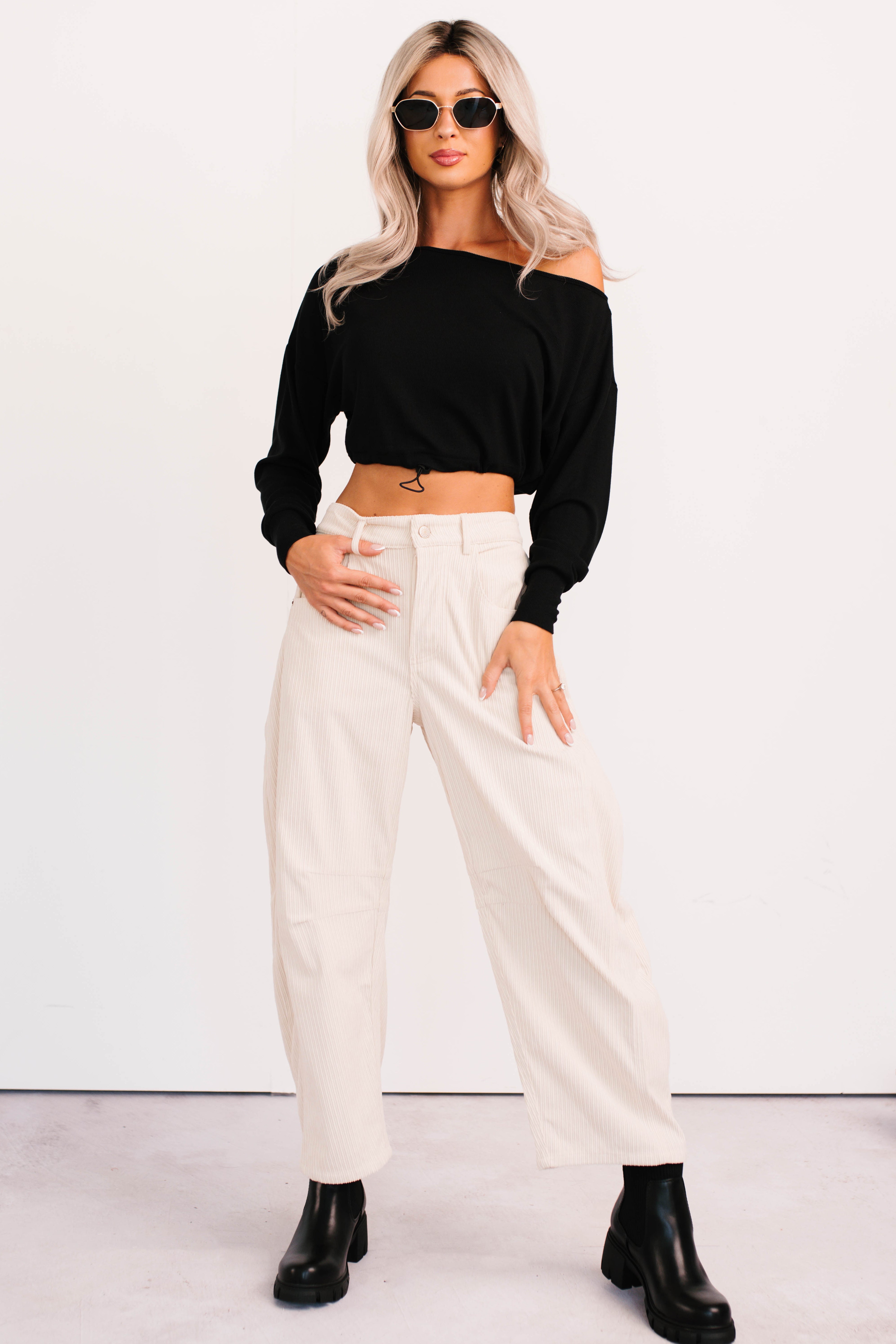 Glow Up Goals Ribbed Off The Shoulder Crop Top (Black)