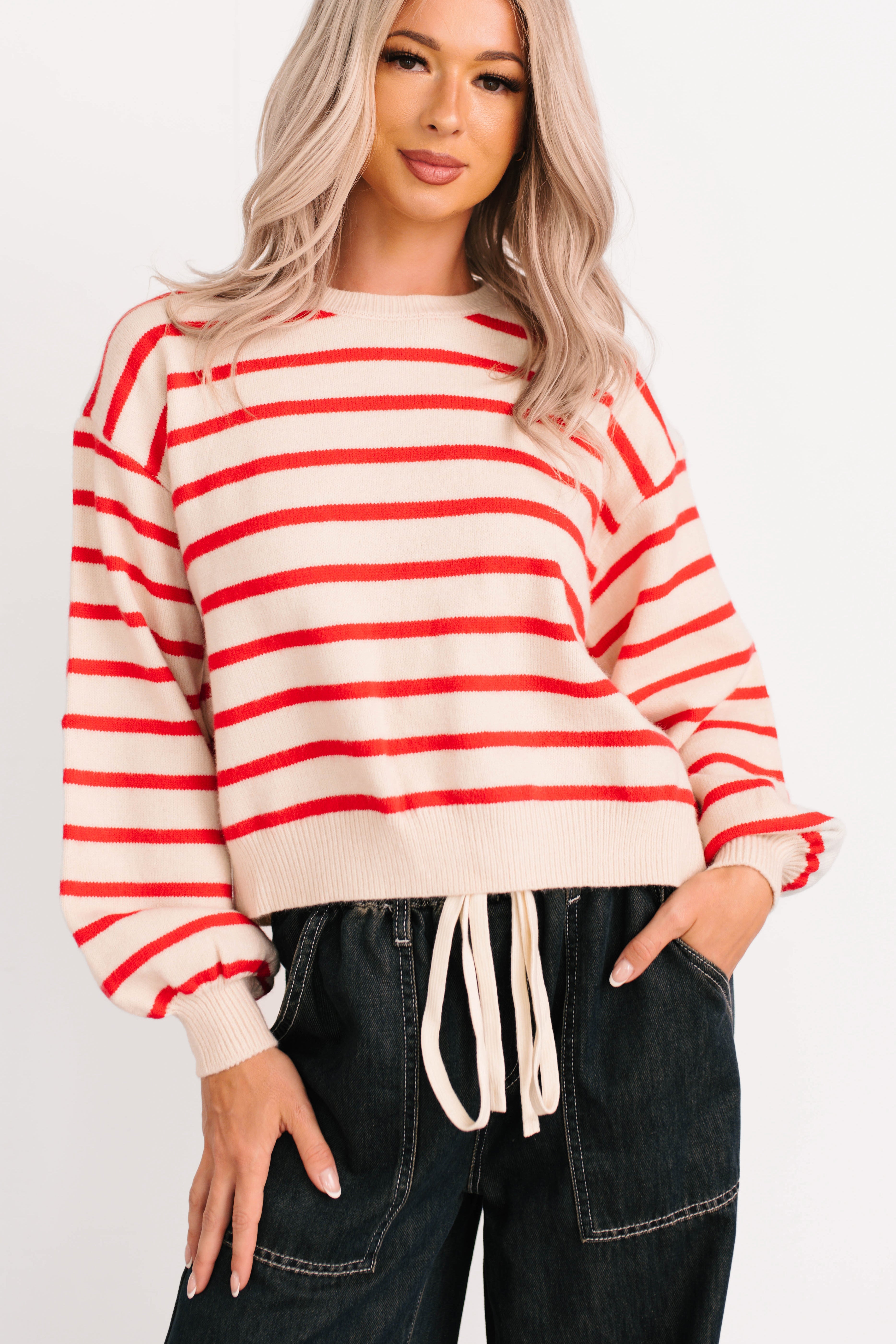 Morning Rituals Striped Button Detail Sweater (Red)