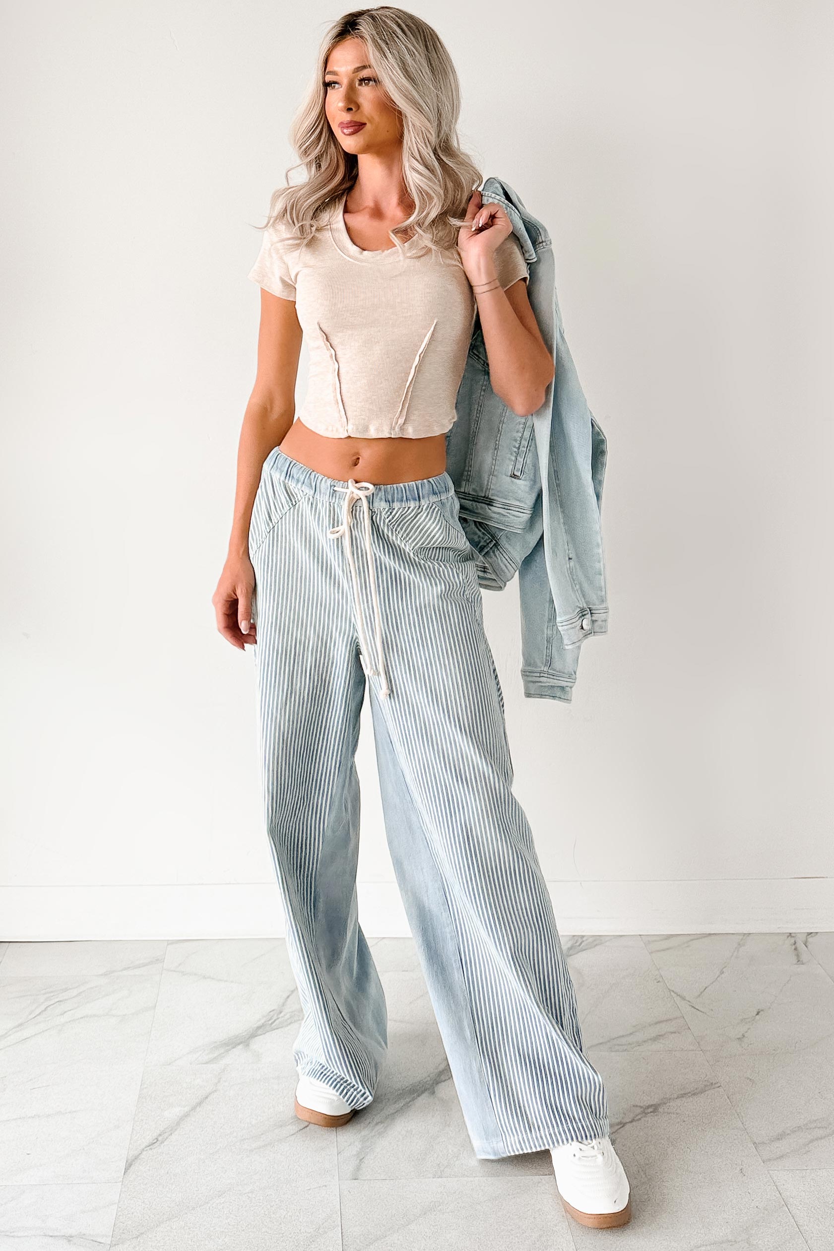 Franklin Striped Drawstring Wide Leg Jeans (Denim)