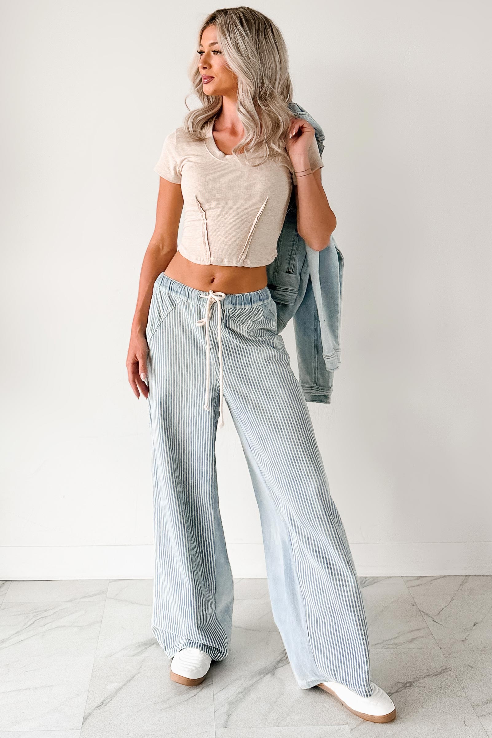Franklin Striped Drawstring Wide Leg Jeans (Denim)