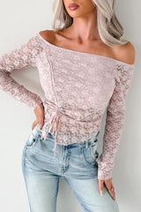 Up To Standard Ruched Lace Asymmetric Top (Blush)