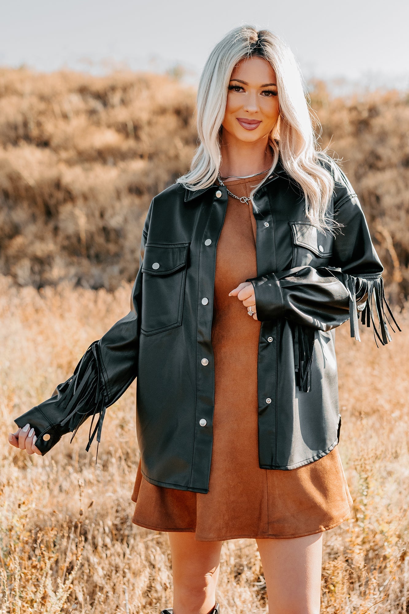 Creating Moments Faux Leather Fringe Jacket (Black)