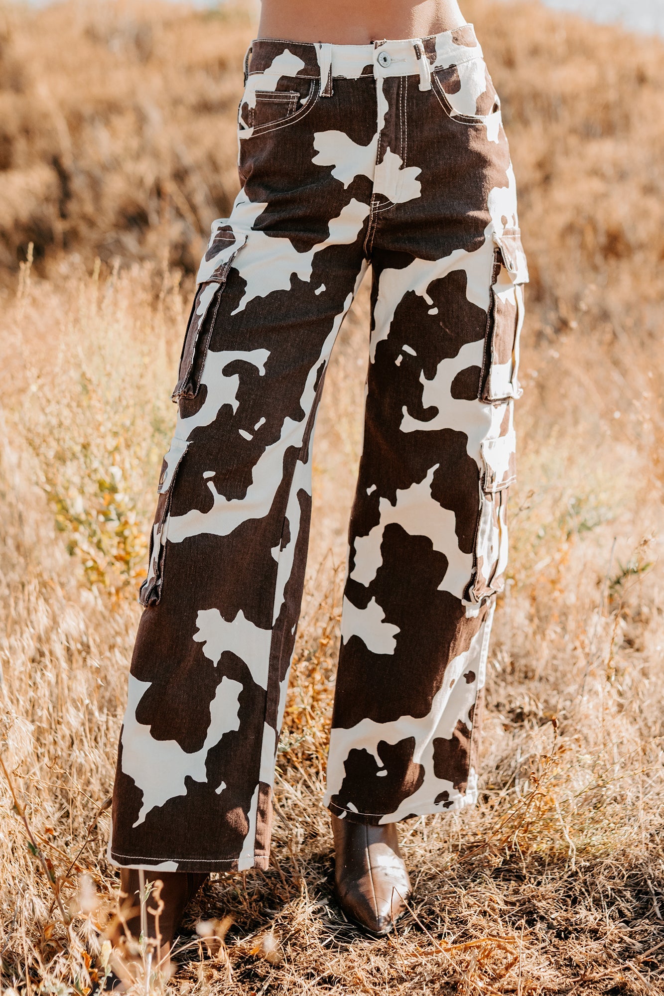 Mirabel Wide Leg Cow Print Balboa Jeans (Brown)