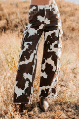 Mirabel Wide Leg Cow Print Balboa Jeans (Brown)
