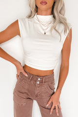 One More Kiss Cap Sleeve Mock Neck Crop Top (White)