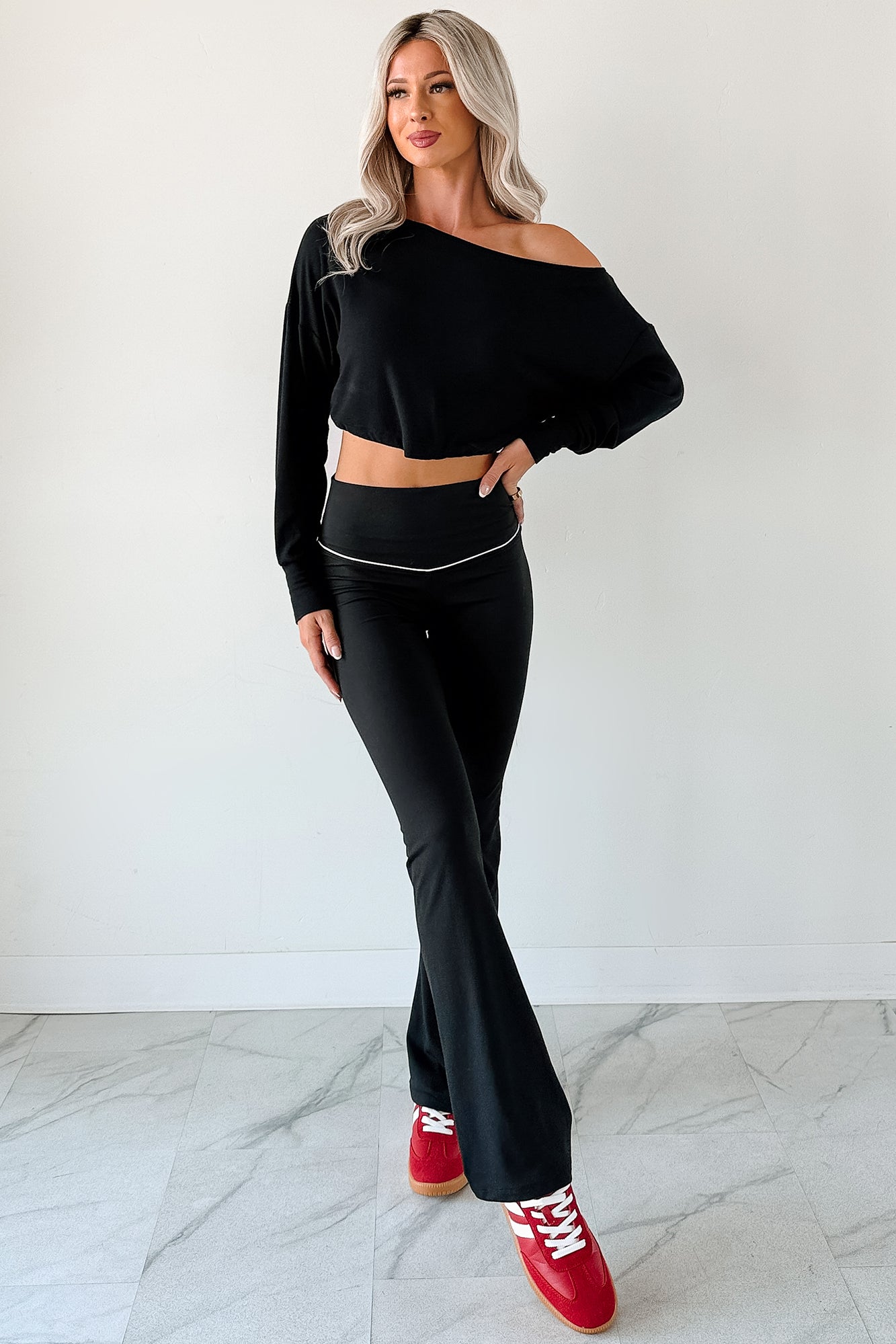 Glow Up Goals Ribbed Off The Shoulder Crop Top (Black)
