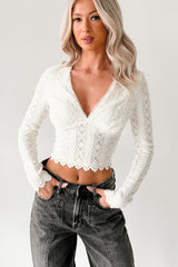 Born Untamed Long Sleeve V Neck Lace Top (White)