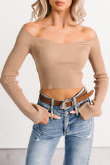 Cute As Ever Ribbed Long Sleeve Knit Crop Top (Camel)