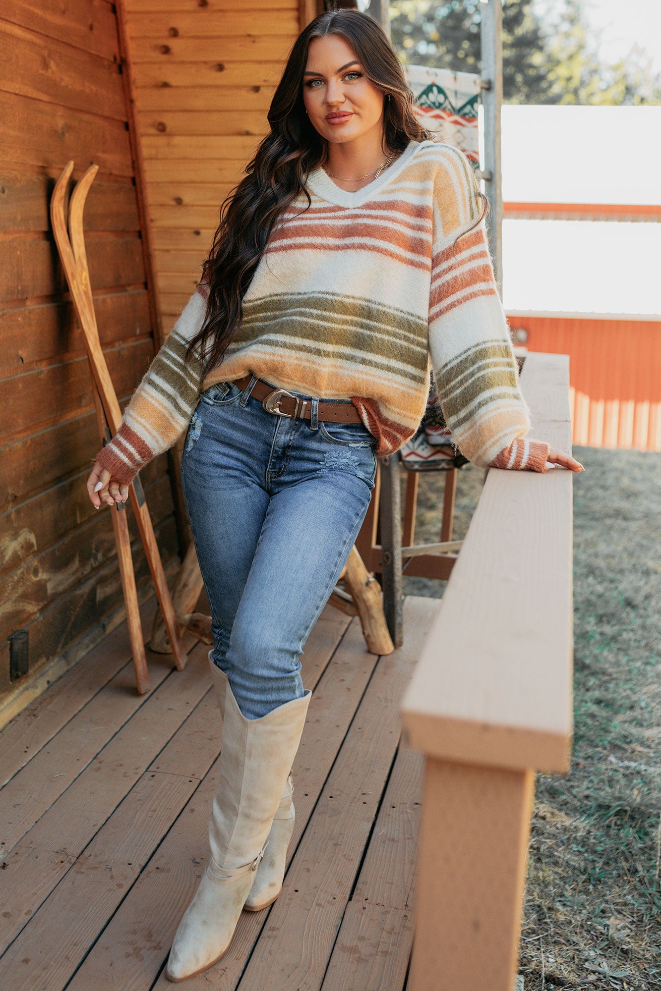 Messy Feelings V Neck Striped Knit Sweater (Multi)