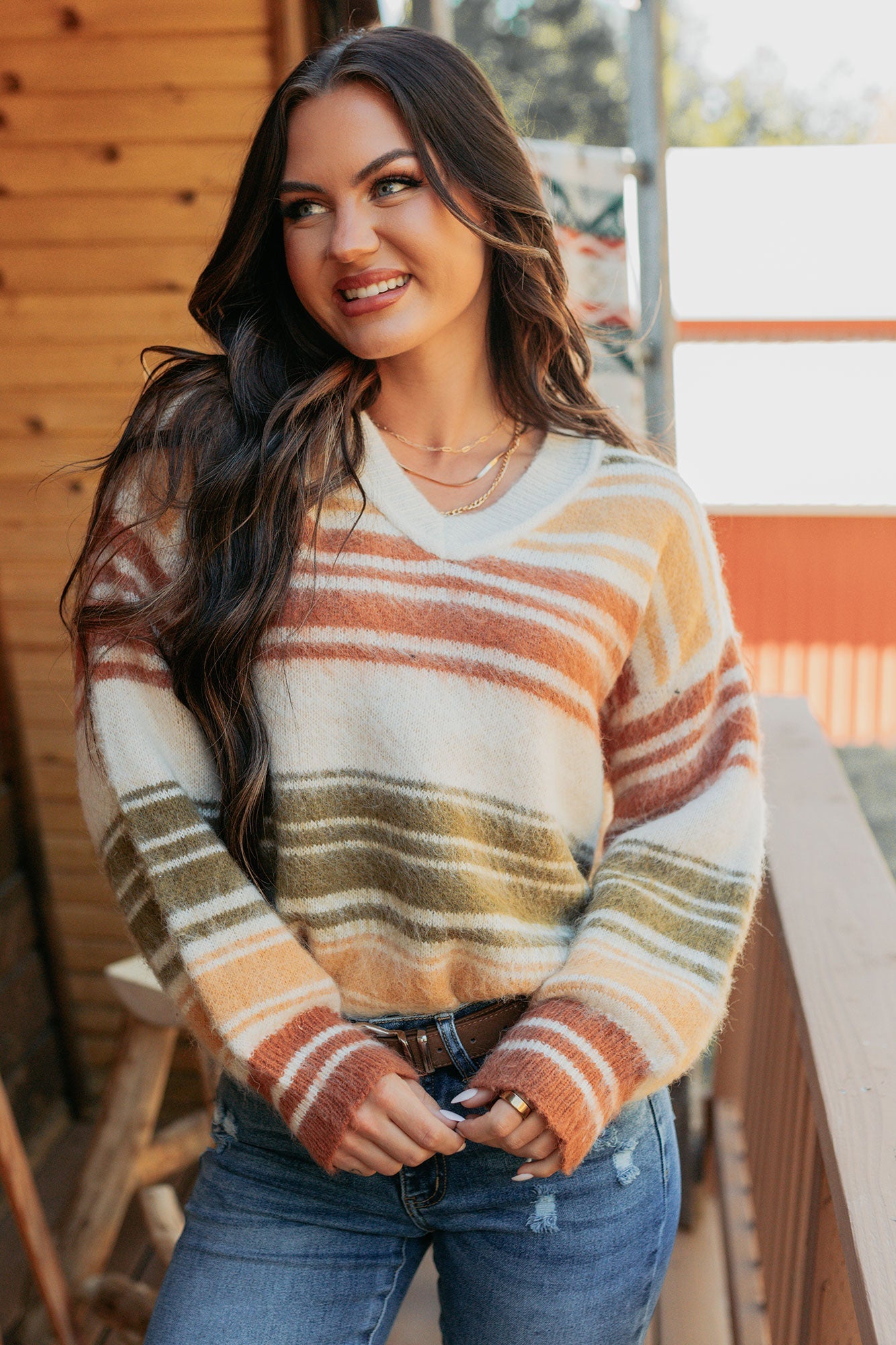Messy Feelings V Neck Striped Knit Sweater (Multi)