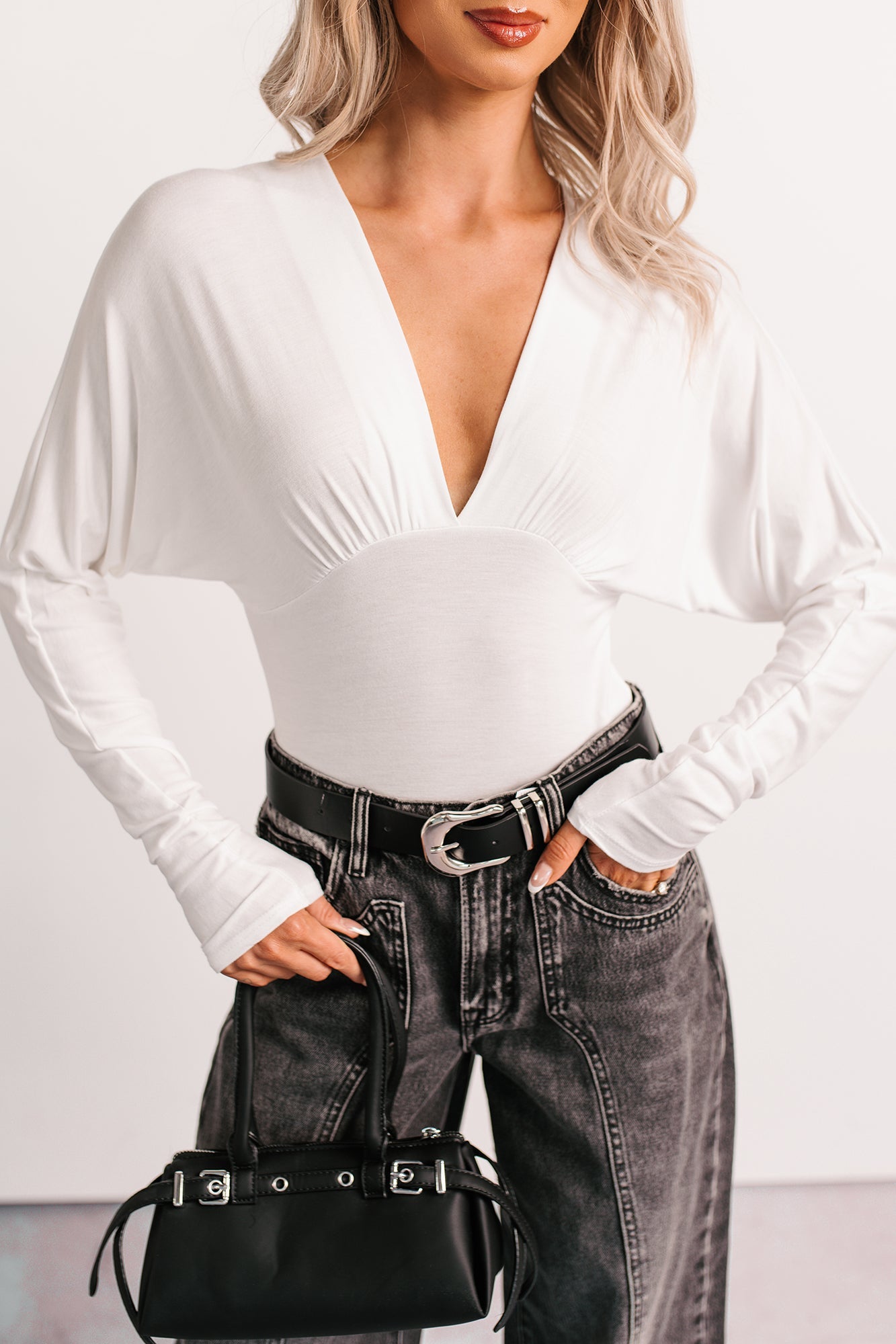 Last Looks Plunging V Neck Long Sleeve Bodysuit (Ivory)