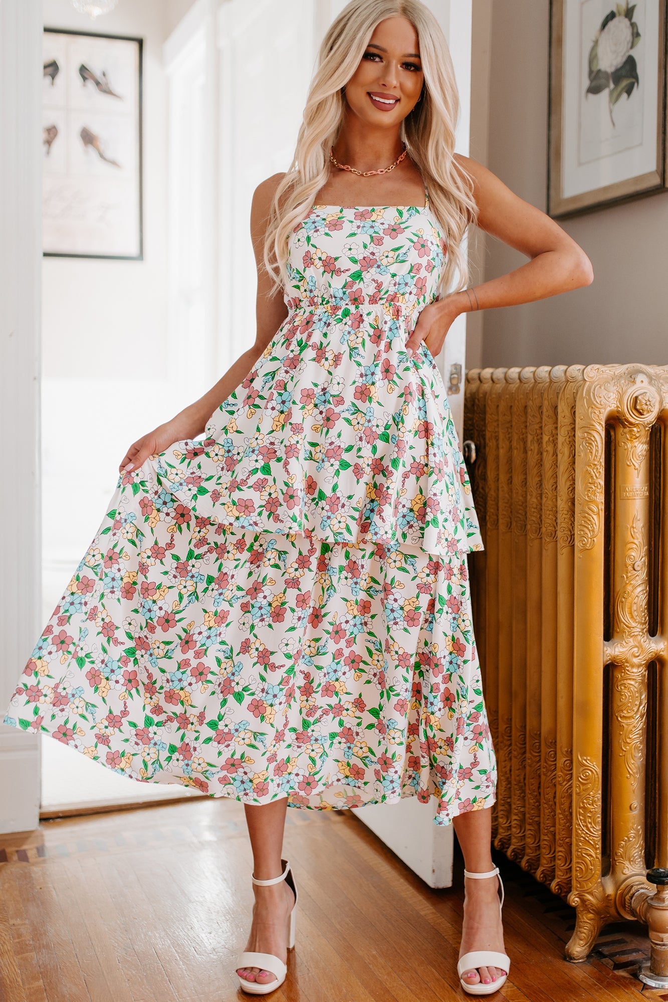 Flower Fields Tiered Floral Midi Dress (White Multi)