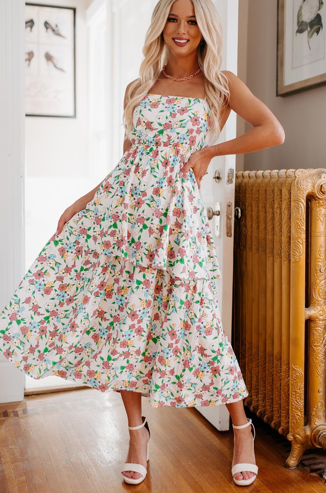 Flower Fields Tiered Floral Midi Dress (White Multi)