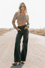 Stay Mine Off The Shoulder Buttoned Sweater Top (Dark Taupe)