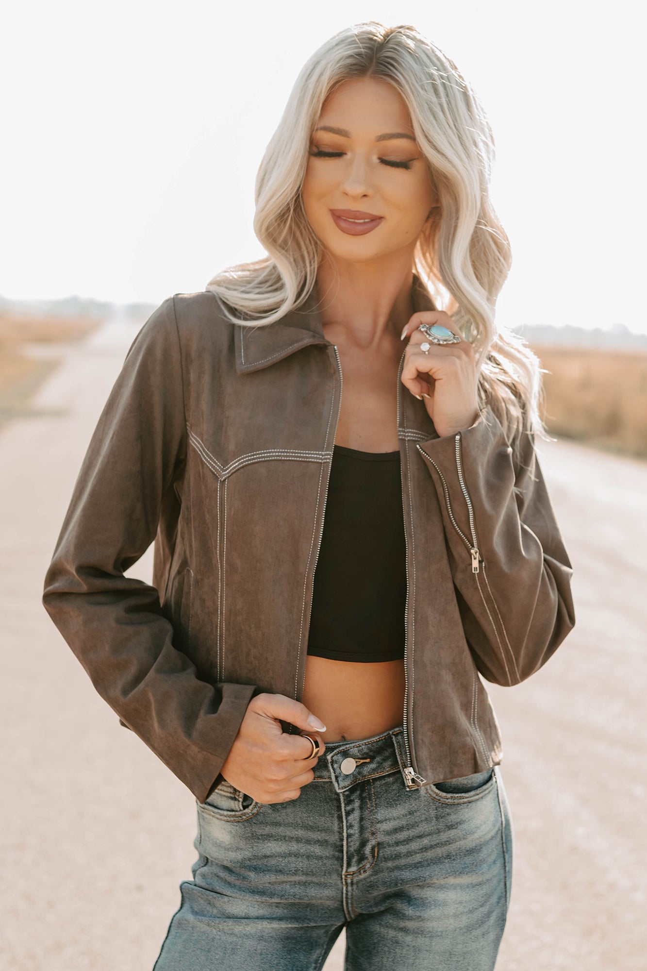 Exploring More Faux Suede Zip-Up Jacket (Charcoal)