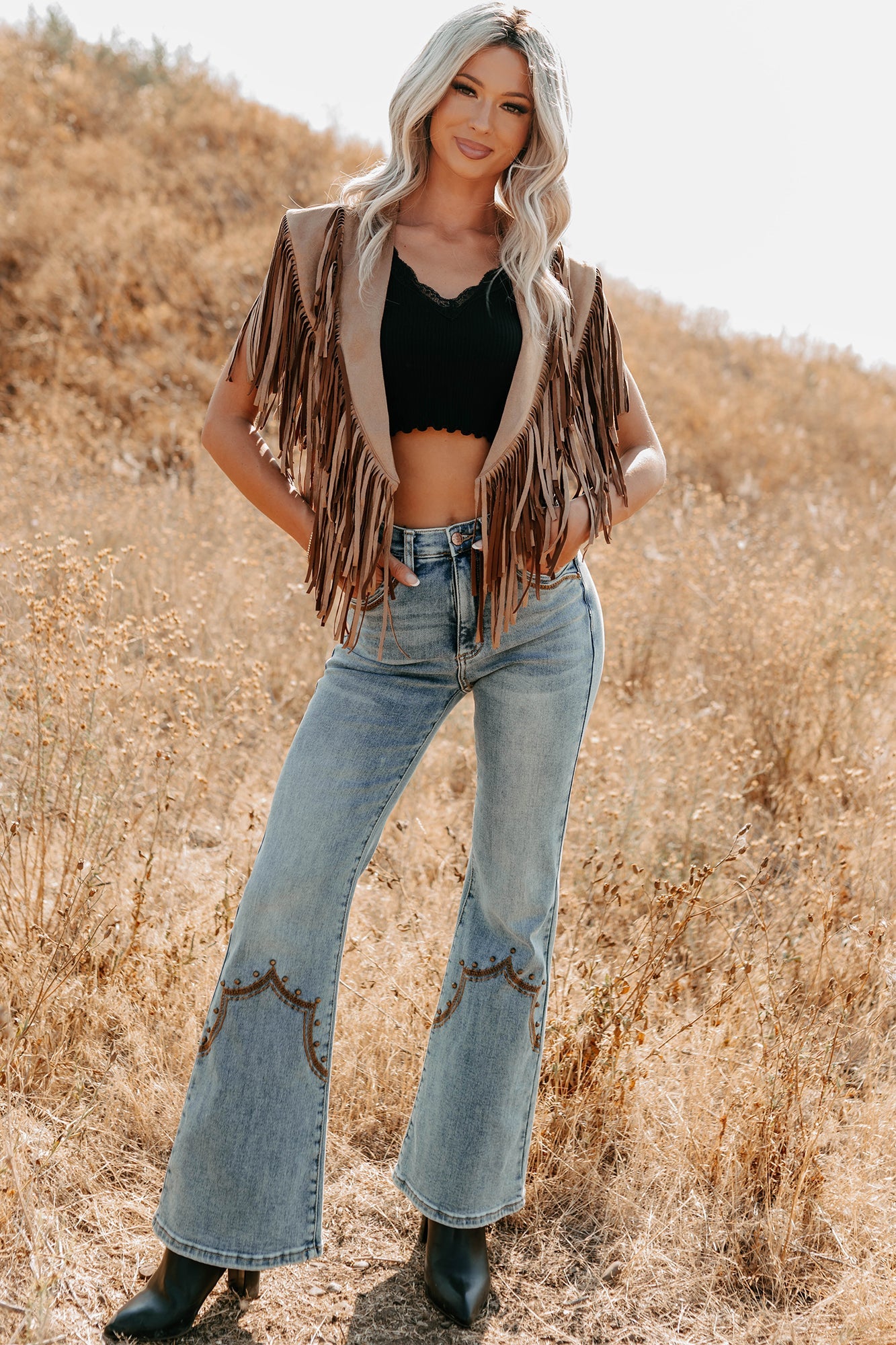Mira Western Embroidered Saige Denim Flare Jeans (Medium Dark)