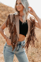 Midnight Range Faux Suede Collared Fringe Shawl (Tan)