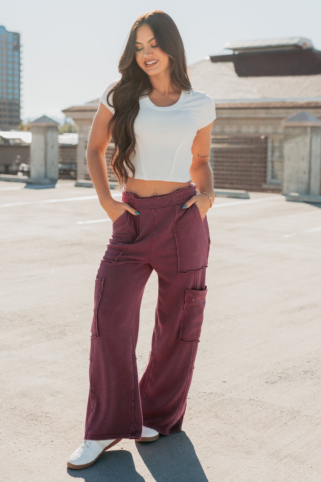 Made Ready Wide Leg Cargo Sweatpants (Dark Cherry)