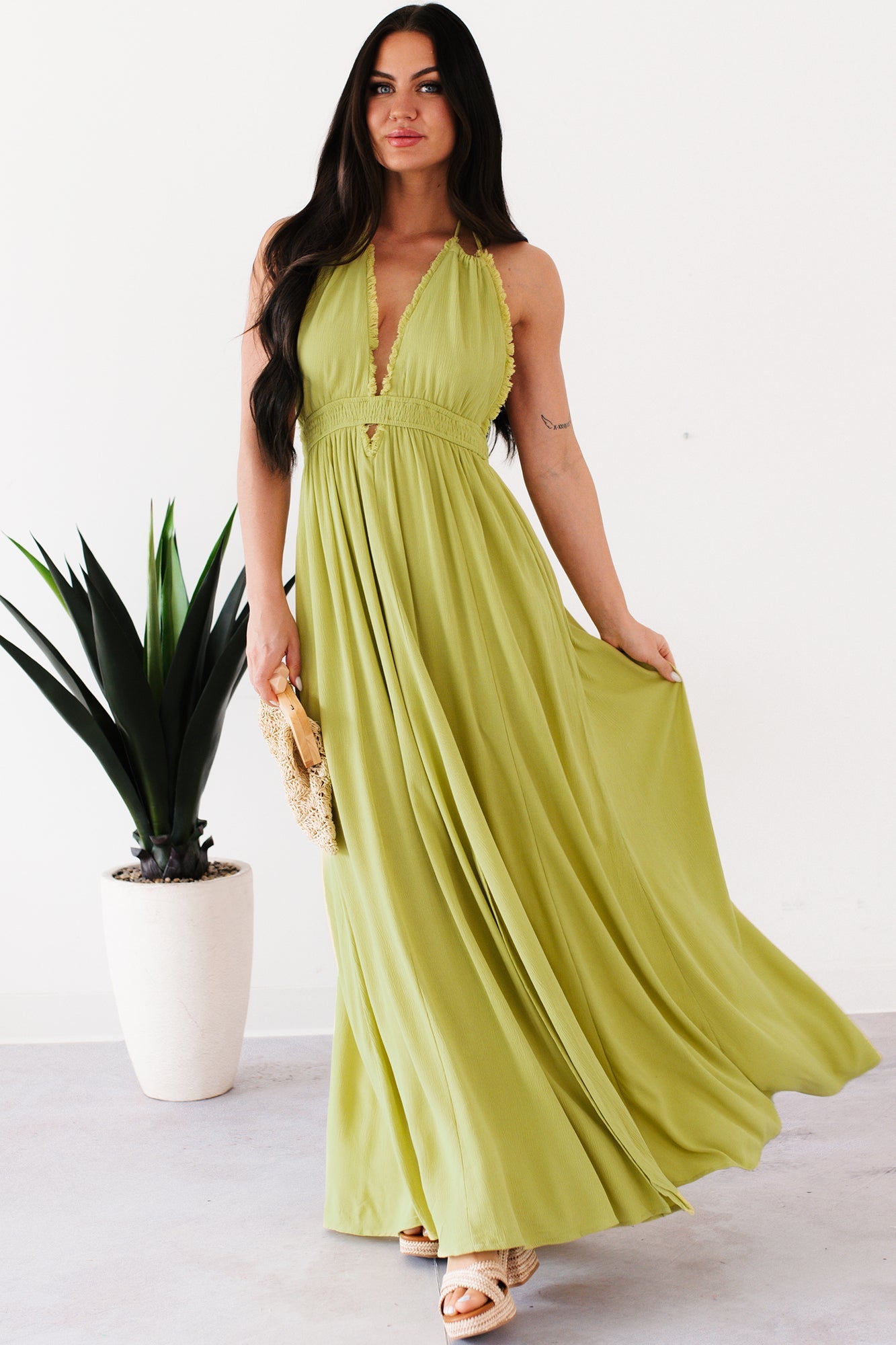 Chasing Glances Halter Maxi Dress (Matcha)